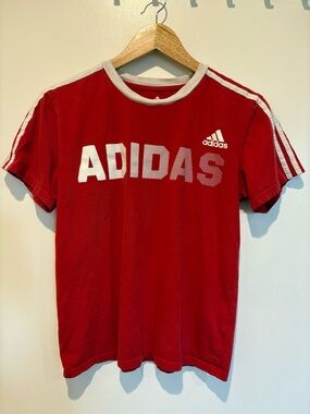 Adidas Retro Style Red Cotton Tee with White Logo and Stripe Details. Youth L